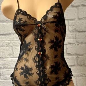 SOLD Rare Vintage Olga Sheer Black Floral Lace Bodysuit with Elastic Legs Rose